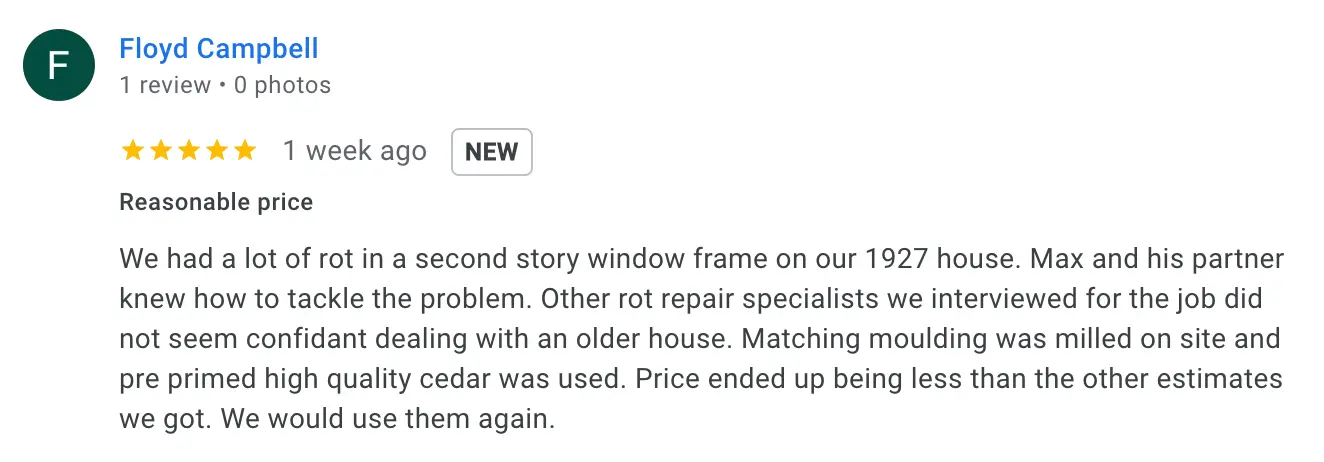 Screenshot of a Google review left on our Google Business Profile (13 of 23)